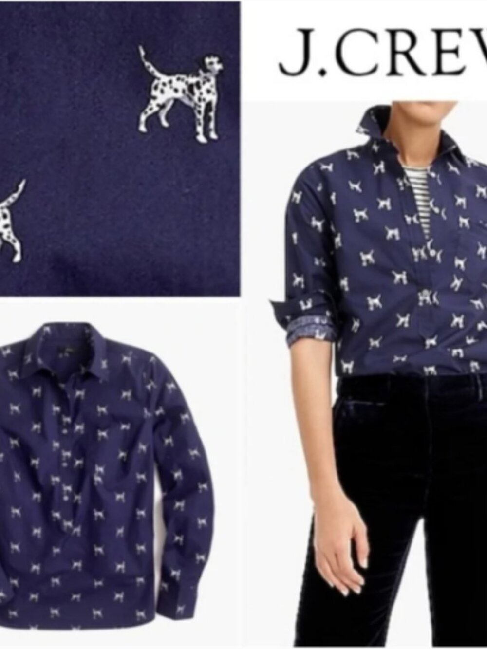 J. Crew Dalmatian Shirt Blouse Navy Blue Dogs Classic Popover Collared Size 12